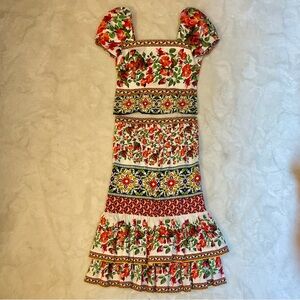 ANTONIO MELANI Red and Blue Puff Sleeve Crop Blouse and Skirt